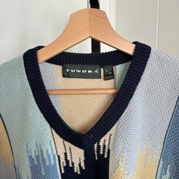 Vtg Tundra Canada Cosby Style Blue Yellow V Neck Pullover Sweater Mens L *NOTE - Picture 1 of 7